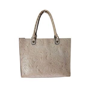 PATRICIA NASH Zancona Tooled Florence Leather TOTE Shoulder Bag Chalk White Flor
